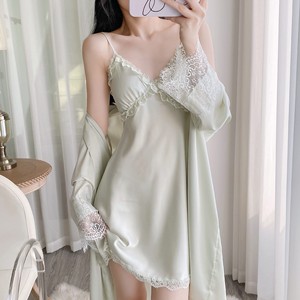 Nouvel ensemble <span class=keywords><strong>de</strong></span> nuit 2 pièces en satin avec dentelle pour femme, comprenant une robe nuisette et une robe <span class=keywords><strong>de</strong></span> chambre, collection été 2026 - Product Image 1