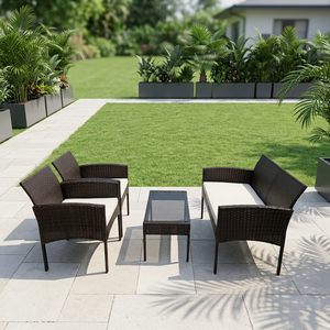 Wholesale Price Modern All-Weather 4 PCS <b>Rattan</b> <b>Sofa</b> Set KD with Tempered Glass Table Cushions for Patio Leisure Outdoor - Product Image 1