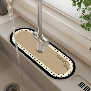 Tapete para Grifo de Cocina, Ovalado, de Tierra de Diatomeas, Impermeable, Absorbente, para Escurridor de Encimera, Color Marrón Leche, Diseño a Cuadros - Product Image 1