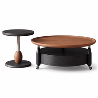 Table basse ronde moderne avec plateau en bois grainé et base tambour à roulettes pour salon, appartement, hôtel, intérieur