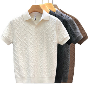 เสื้อโปโลถักผู้ชาย แขนสั้น สีพื้น ทรงเข้ารูป คอวี ปกธุรกิจ ลายถักแบบเคเบิ้ล สไตล์เทรนด์วัยรุ่น - Product Image 1