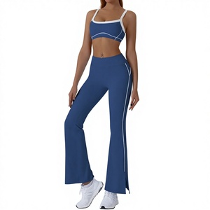 Ensemble de yoga sportif 2 pièces pour femmes, soutien-gorge contrasté et pantalon évasé, respirant, en élasthanne/nylon - Product Image 2