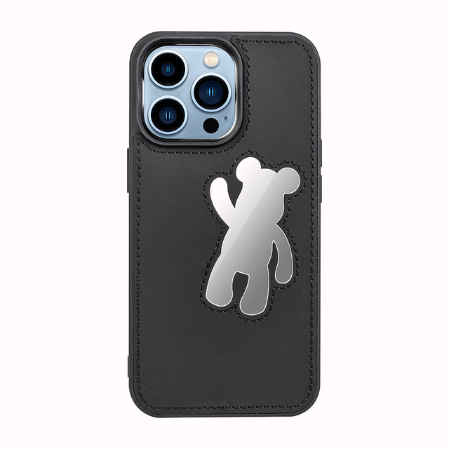 Cool Mirror Phone Case for iPhone 15 Pro Max & iPhone 14 PU Leather Gloomy Bear Makeup Cover Wireless Packaged