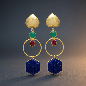 Matte Gold Heart Gemstone Drop Earrings Carved Hexagon Blue <b>Lapis</b> Ruby Green Onyx Precious Metal Alloy Gold Plated Ethnic Party - Product Image 2