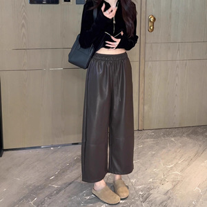 <span class=keywords><strong>Pantaloni</strong></span> Neri Casual <span class=keywords><strong>in</strong></span> Velluto e <span class=keywords><strong>Pelle</strong></span> PU Lavata da Donna, Nuovi Modelli Autunno Inverno Stile Western, Modello Harlan Slim Fit, Gamba Larga, Cropped, Vita Alta - Product Image 1