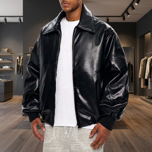 Chaqueta Acolchada de Invierno para Hombre, de Cuero Genuino Negro, Transpirable y Ecológica, con Cierre de Cremallera, Cuello Camisero y Diseño Moto - Product Image 3