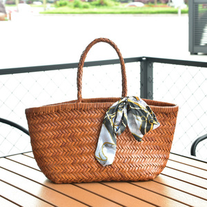 Sac tissé rétro très tendance en cuir véritable, panier à nourriture français grande capacité, sac à main en cuir de vachette pleine fleur - Product Image 3