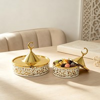 Gouden & witte ijzeren snoepdoos met deksel, halvemaan & sterpatroon, dienblad voor gedroogd fruit, Arabische feestelijke huisdecoratie, Ramadan dienblad