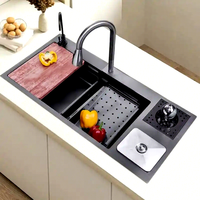 Grand évier simple avec robinet, lave-gobelets, poubelle, évier de cuisine multifonctionnel en acier inoxydable 304 nano