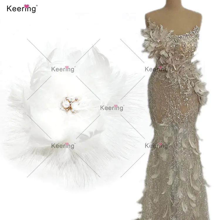 WBF Keering bunga kain 3d wanita, bahan bulu putih kompetitif untuk gaun