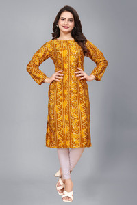 Yellow Crepe Printed Ethnic Silk <b>Kurti</b> for Women Casual Stylish Party Festive Occasions Heavy Short Sleeve for Indian Style - Product Image 2