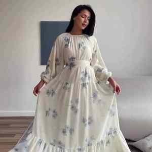 Женское Платье макси с цветочным принтом, с длинным рукавом, круглым вырезом и оборками, повседневное свободное платье на шнуровке, подходит для большинства - Product Image 4