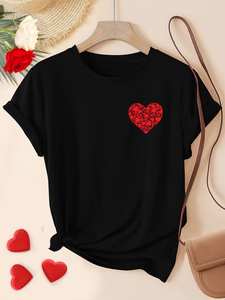 T-Shirt Casual da Donna a Maniche Corte con Design Cuore Rosso, Collo Tondo, Vestibilità Regolare, Tessuto Elasticizzato, Lavabile in Lavatrice, Taglie S-XXL - Product Image 3