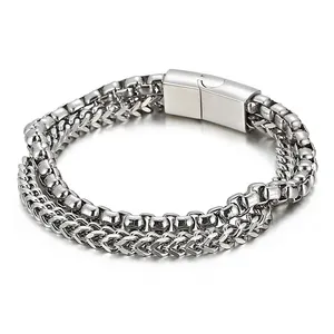 Hiphop Punk Mens Layered Chain Bracelet Stainless Steel Magnetic Clasp Fraco Chain Box Chain Double Layered Bracelet For Men