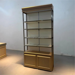 Étagère murale de présentation pour magasin avec armoire, gondole murale, étagères à cadre doré, vitrine de présentation à panneaux rainurés - Product Image 4