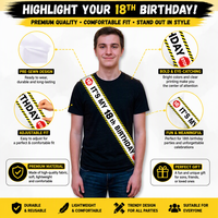 Décorations d'anniversaire 18 ans pour garçons, noir et jaune, avec écharpe en satin « C'est mon 18e anniversaire » et épingle de sûreté, ajustement réglable