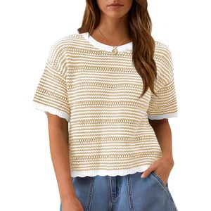 Women's Summer Striped Cropped Knit Top Short Sleeve Crew Neck Casual Breathable <b>Sweater</b> <b>Pullover</b> - Product Image 1