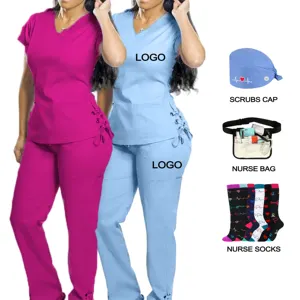 hospital spa beauty salon scrubsuit custom blue female medical uniform with logo Flared Pants women pink scrubs uniforms sets