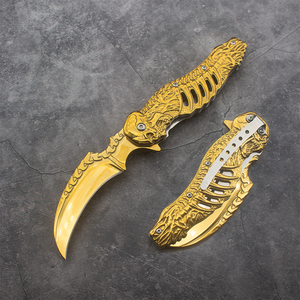มีดคารัมบิตพับได้ไทเทเนียมสีทอง ใบมีดเหล็กกล้าไร้สนิม 3Cr13 ด้ามจับลายโครงกระดูก 3 มิติ สำหรับพกพา ทำกิจกรรมกลางแจ้ง DIY OEM - Product Image 2