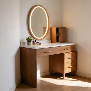 Coiffeuse moderne en noyer avec panneau en aluminium, 6 tiroirs pour rangement domestique, meuble de projet en bois - Product Image 4