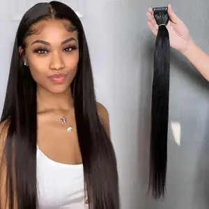Fabrik benutzer definierte indische Menschenhaar unverarbeitet Rohe Jungfrau handgemachte Natur schwarz seidig gerade Salon 26 Zoll 6D Haar verlängerung