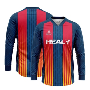 Camiseta de fútbol Retro para hombre con dobladillo curvo sublimado personalizado de alta calidad, camiseta de fútbol de manga larga con cuello en V - Product Image 1