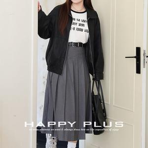 Ensemble pour femmes Runqi, veste en cuir taille plus, t-shirt à imprimé lettres, jupe plissée grise, tenue décontractée style universitaire N9048 - Product Image 3