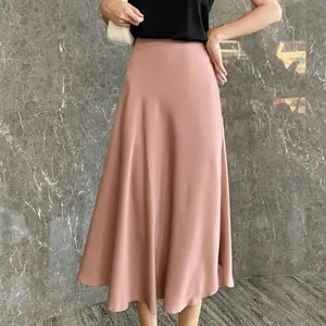 2023 new spring and autumn satin big swing long skirt silky high quality acetate satin A-line skirt for ladies