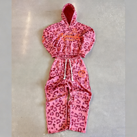 Conjunto de Sudadera con Capucha y Pantalón de Chándal Unisex de Felpa Térmica Bordada Oversize, Estilo Urbano de Otoño, Algodón Pesado, Corte Holgado, Estampado de Leopardo