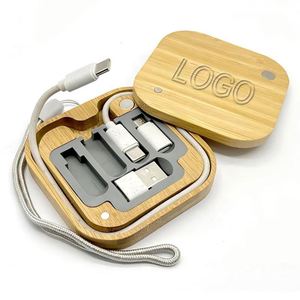 Cable de Carga QM de Paja de Trigo con Caja de Almacenamiento de Bambú Pulido y Asa de Transporte para Transferencia de Energía de Dispositivos Portátiles - Product Image 1