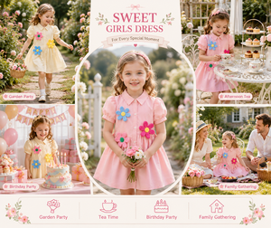Vestido de Color Sólido <span class=keywords><strong>para</strong></span> <span class=keywords><strong>Niñas</strong></span> con Apliques de Flores en 3D, Cuello con Mangas Abullonadas, Vestido de Boutique <span class=keywords><strong>para</strong></span> <span class=keywords><strong>Niñas</strong></span> - Product Image 5