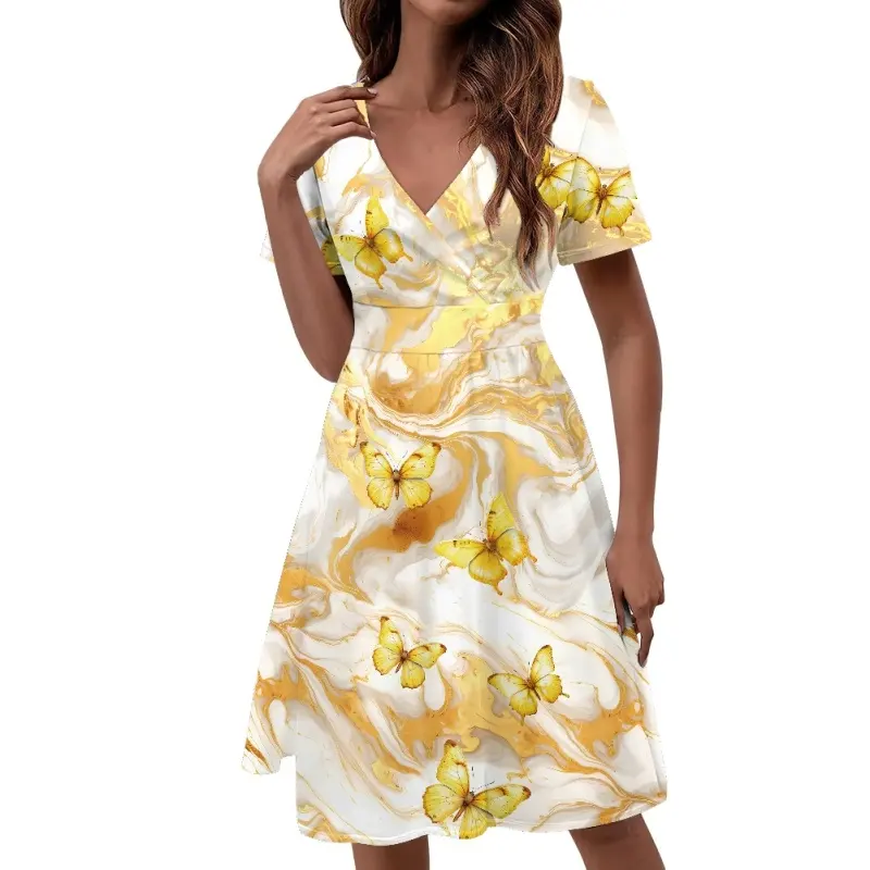 Großhandel lässiges Midi luxuriöses vergoldetes Gold Schmetterling Kurzarm V-Ausschnitt Smock-Tunika Kleid Sommer Abendkleider für Damen
