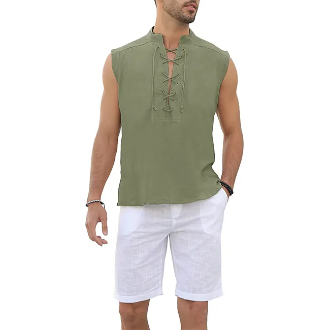 Mens Cotton Linen Henley Shirt Lace up Tank Top Sleeveless Hippie Casual Beach Hippie T Shirts