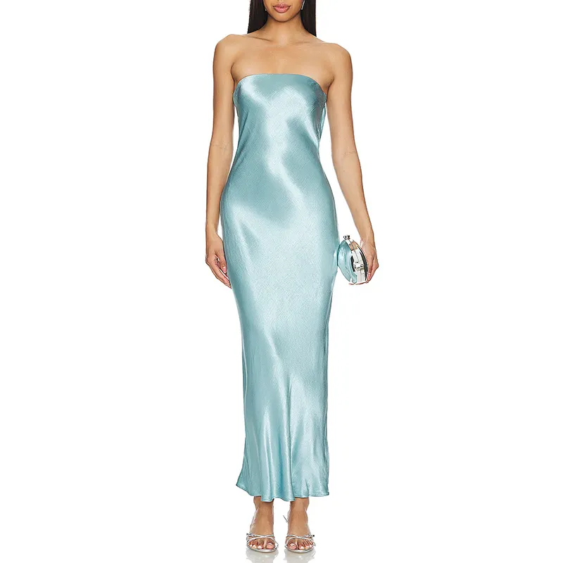 Sommer Damen trägerlos hohl Rücken Design Kleid Seiden-Satin-Material Abendkleid Party Kleidung Hersteller Kleider