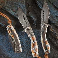 Pisau Lipat Baja Damascus VG10 67 Lapis dengan Gagang Tulang Buatan Tangan, Pisau EDC Outdoor