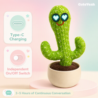 Cactus en peluche intelligent interactif parlant, dansant, chantant et répétant la voix, avec chargement rapide USB-C, cadeau éducatif pour les tout-petits