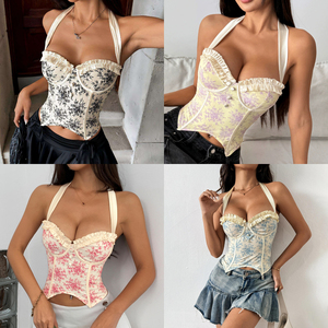 Top Corsé Ajustado Retro a Cuadros con Estampado Floral en la Parte Superior, Copa Acolchada, Corte Entallado, Novedad 2026 - Product Image 4