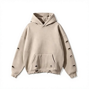 Men's Regular Fit Hooded <b>Sweatshirt</b> Solid Color Ripped Design 100% Cotton <b>Fleece</b> Breathable <b>Lined</b> Casual Winter Wear - Product Image 4