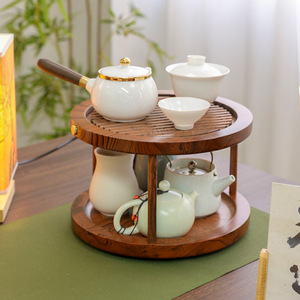 Double Layer <b>Tea</b> <b>Tray</b> Round Rotating 360 Degree Storage Rack For Tableware Dry Brewing Stand Walnut Wood Color - Product Image 5