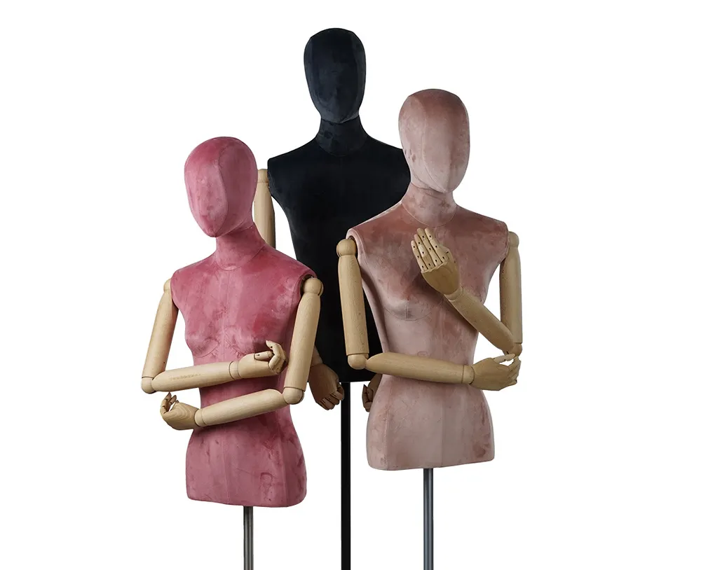 Demi-corps mannequin forme femme antique affichage velours robe mannequins torse avec socle en métal