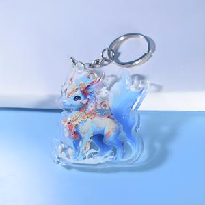 HanXin acrílico encantos llavero personalizado brillo epoxi cristal corte forma Anime pequeño Fesh acrílico llavero con holograma