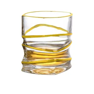 N41 Crystal Clear Rock Glass Whiskey Tumbler Bamboo Shape with Golden Line Painted Thick Old Fashioned Glass for Wine Weddings