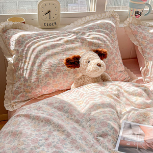 새로운 피부 친화적 인 인쇄 패턴 워싱 코튼 레이스 에지 부드러운 통기성 침구 더블 거즈 4 종 세트 - Product Image 6