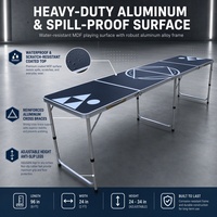 Table de beer pong portable de 8 pieds, pliable en 4 sections, en aluminium, résistante à l'eau, pour les fêtes en plein air, les pique-niques, avec poignée de transport