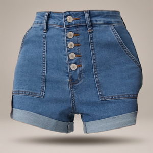 High <b>Waist</b> Denim Shorts <b>With</b> Button Fly Solid Color Casual Women's <b>Jeans</b> Shorts Stonewashed Cotton Fabric Regular Fit - Product Image 4