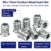 Écrou à sertir hexagonal sur mesure pour bois, filetage interne M6, longueur 15 mm, denture externe pour assemblage de meubles en contreplaqué et bois dur