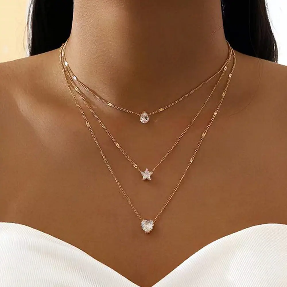 LYN019 avrupa tarzı ucuz özel altın kaplama kristal katmanlı kolye gerdanlık kalp yıldız kolye zinciri kadınlar için