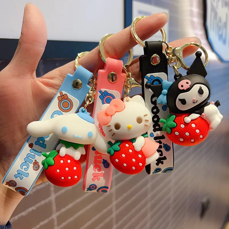 Gantungan kunci Promosi gantungan kunci kartun Sanrio Anime Pvc 3d gantungan kunci stroberi Kuromi Melody Kitty kucing anjing