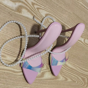 Sandales à talons hauts en PVC coloré pour femmes, grande taille 45, avec bride de cheville perlée, bout pointu, pour soirée, mules personnalisées à talon aiguille - Product Image 4