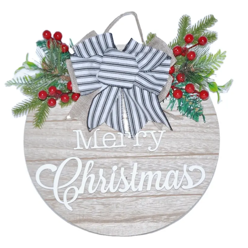 Merry Christmas Sign Hanging Front Door Wooden Cartoon Letter Plaque Natural Fruit Plaid Printing Party Home Wall Decor